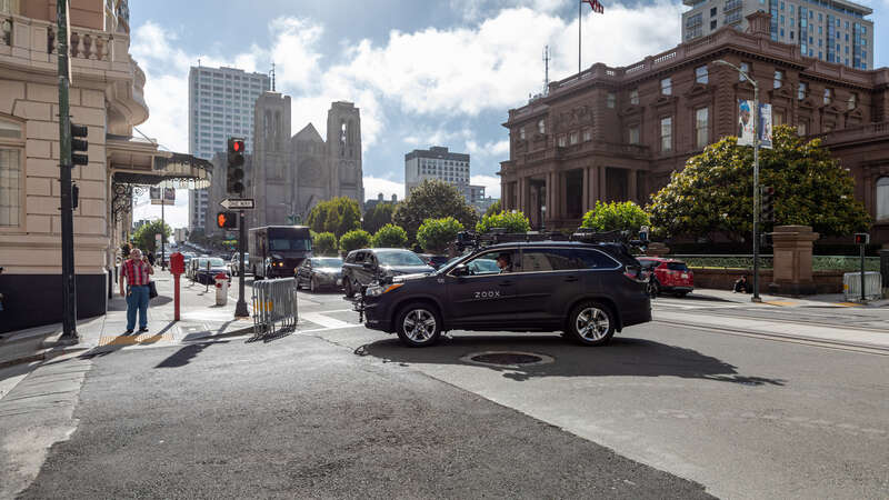 Zoox autonomous vehicle on California Street, San Francisco, California, USA
