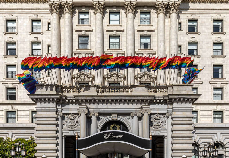 LGBTQ flagging at the Fairmont Hotel on Mason Street during California LGBTQ Pride Month (June 2022), San Francisco, California, USA