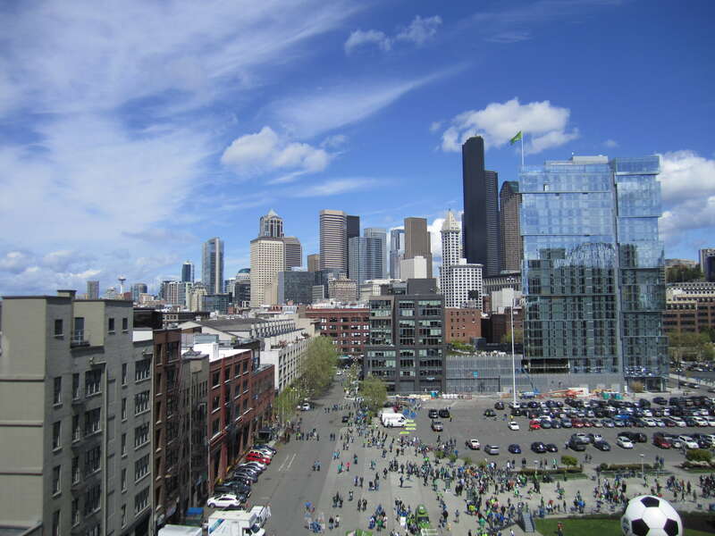 The skyline of Seattle, as seen from the northwest ramp at CenturyLink Field prior to a Seattle Sounders FC match.