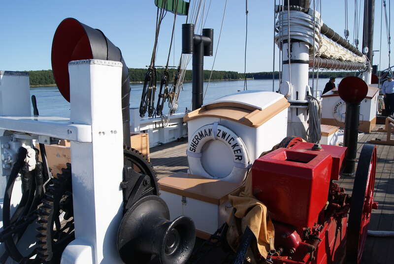The Sherman Zwicker, a wooden auxiliary schooner moored at the Maine Maritime Museum in Bath, Maine, USA.