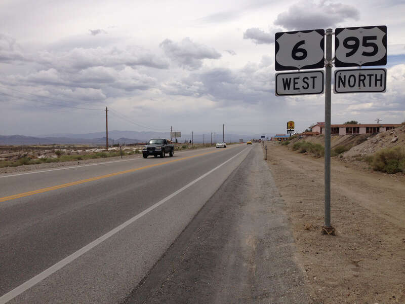 View west along U.S. Route 6 and north along U.S. Route 95 about 0.6 miles southeast of the Esmeralda County line in Tonopah, Nevada