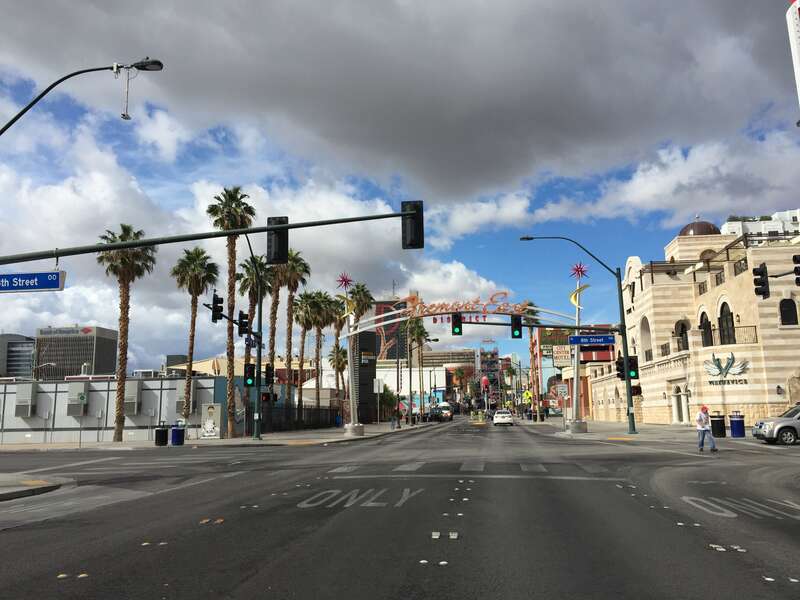 View north at the north end of Nevada State Route 582 (Fremont Street) at the Fremont East District in downtown Las Vegas, Nevada