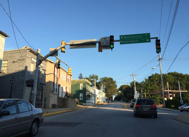 View southeast along Main Street at Manchester Avenue and Washington Road in Westminster, Carroll County, Maryland