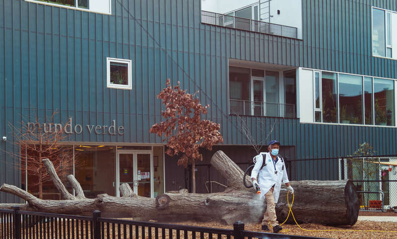 Grounds are disinfected at Mundo Verde Charter School, Truxton Circle, Washington, DC
