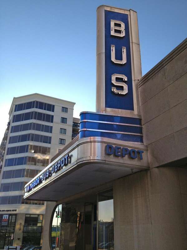 The vintage marquee of the Ann Arbor Bus Depot, formerly on W. Huron Street in Ann Arbor, Michigan.