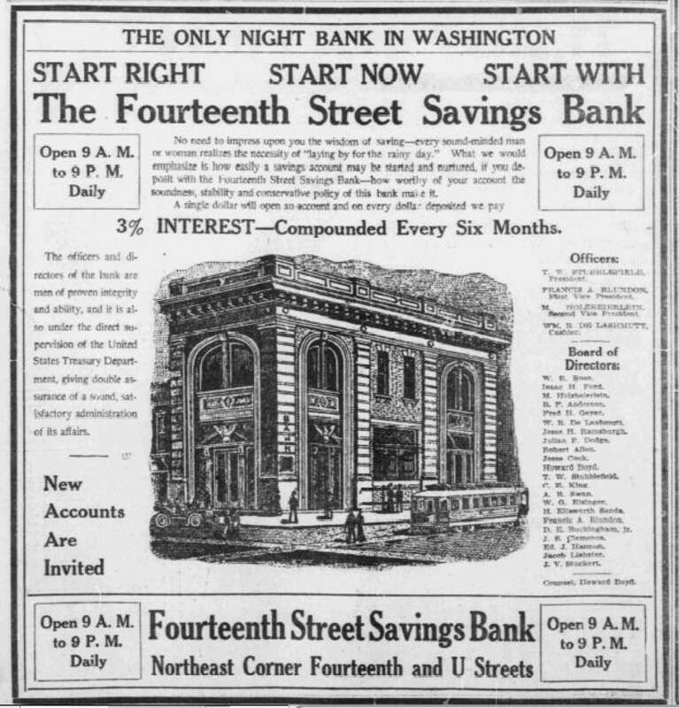 Former Fourteenth Street Savings Bank building on the NE corner of 14th and U Streets (2001 14th St.), currently being renovated.  From the 3/10/10 &quot;Washington Times&quot;.