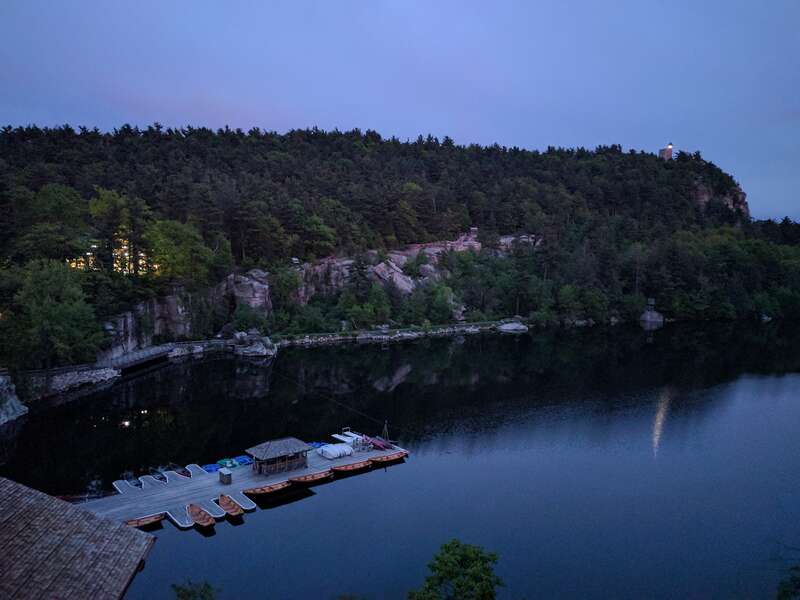 A boat dock at the edge of Lake Mohonk, as seen from Mohonk Mountain House.