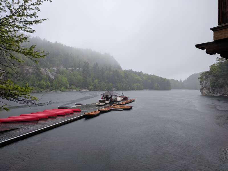 A boat dock at the edge of Lake Mohonk, as seen from just outside Mohonk Mountain House.