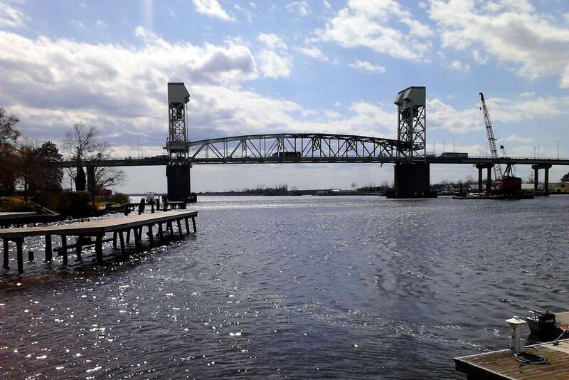 The Cape Fear Memorial Bridge spans the river in Wilmington, North Carolina.
