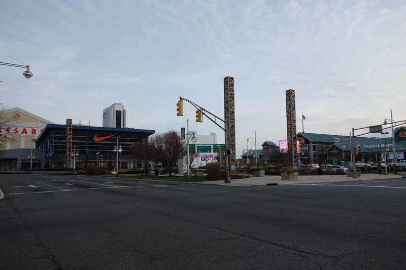 Looking at the north end of Columbus Plaza within the Tanger Outlets The Walk complex, at Arctic Avenue and Christopher Columbus Boulevard / Arkansas Avenue in Atlantic City, New Jersey. The plaza is a long existing park in the city, and was later