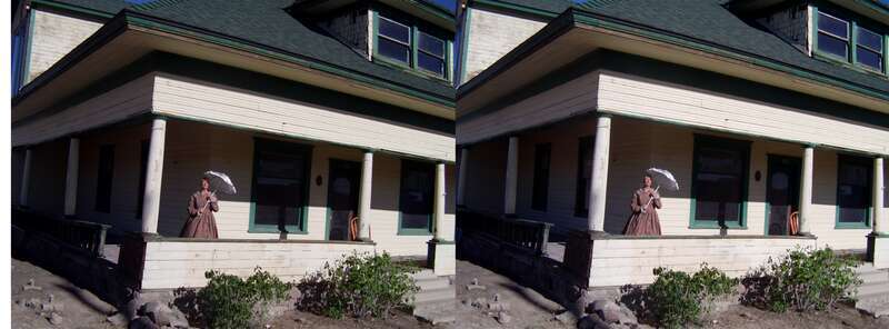 Milton C. Ish House, a 1907 home on Sundog Ave in the Goldfield Historic District, Goldfield, Esmeralda County, Nevada.  Right to left cross eyed 3D.