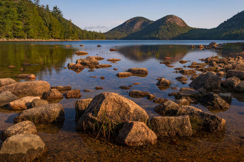 Looking north across Jordan Pond to the North Bubble and South Bubble.  Acadia National Park, Maine.
