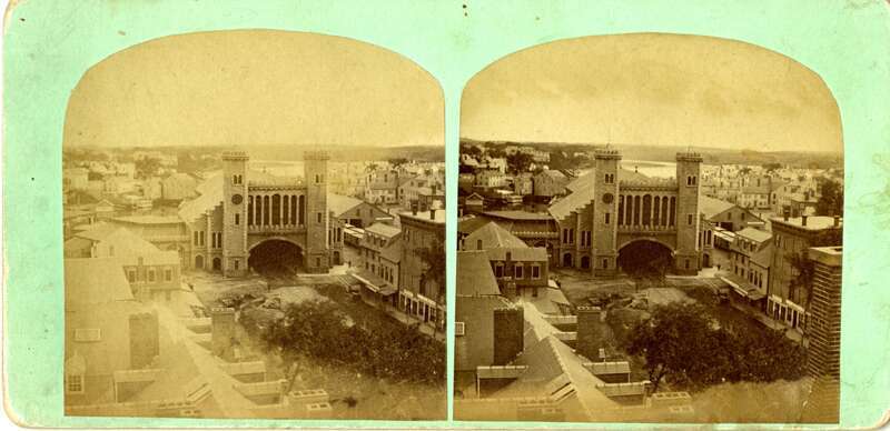 Aerial view looking south toward the Eastern Railroad depot and vicinity in Salem, Mass., as seen from the top of the Asiatic Block/Odd Fellows Hall on Washington Street.