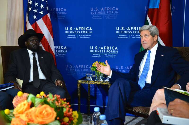 U.S. Secretary of State John Kerry meets with South Sudanese President Salva Kiir on the sidelines of the U.S.-Africa Business Forum in Washington, D.C., on August 5, 2014. Leaders from across the African continent are in the nation's capital for a