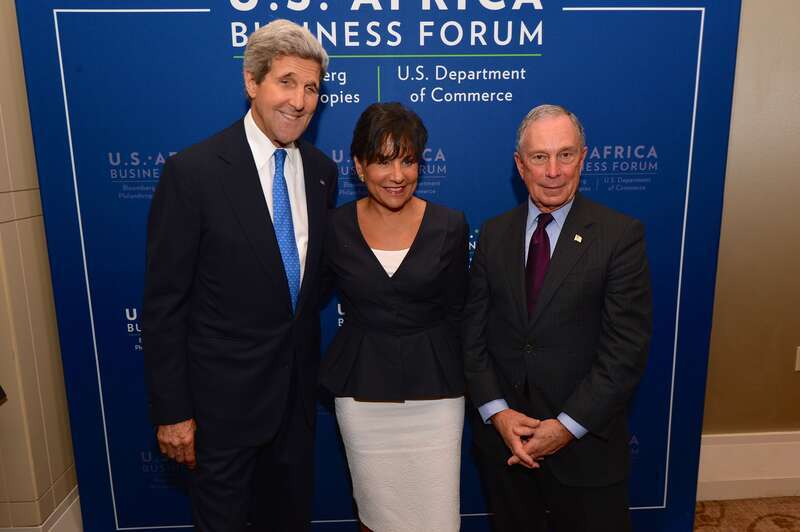 U.S. Secretary of State John Kerry poses for a photo with U.S. Secretary of Commerce Penny Pritzker and UN Special Envoy for Cities and Climate Change and CEO of Bloomberg LP Mike Bloomberg before delivering remarks at the U.S-Africa Business Forum