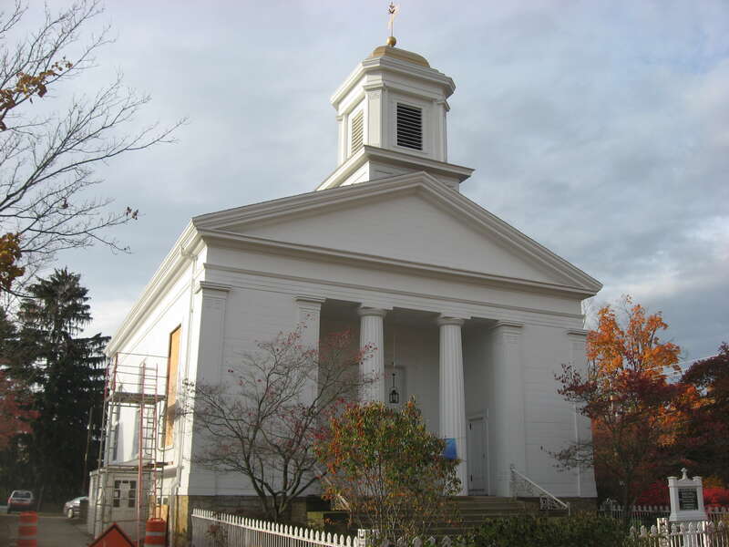 Front and eastern side of St. Luke's Episcopal Church, located at 111 E. Broadway in Granville in Licking County, Ohio, United States.  Built in 1837, the church is listed on the National Register of Historic Places, and it is part of a