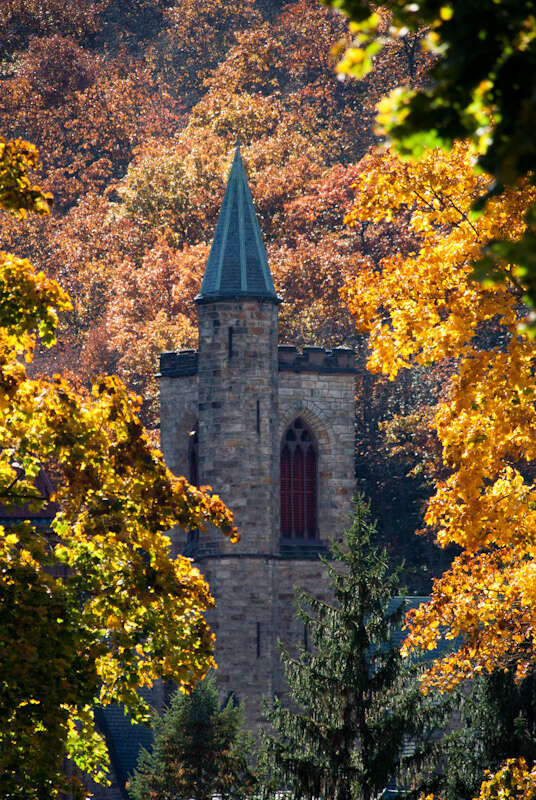The church tower among fall colors in Jim Thorpe