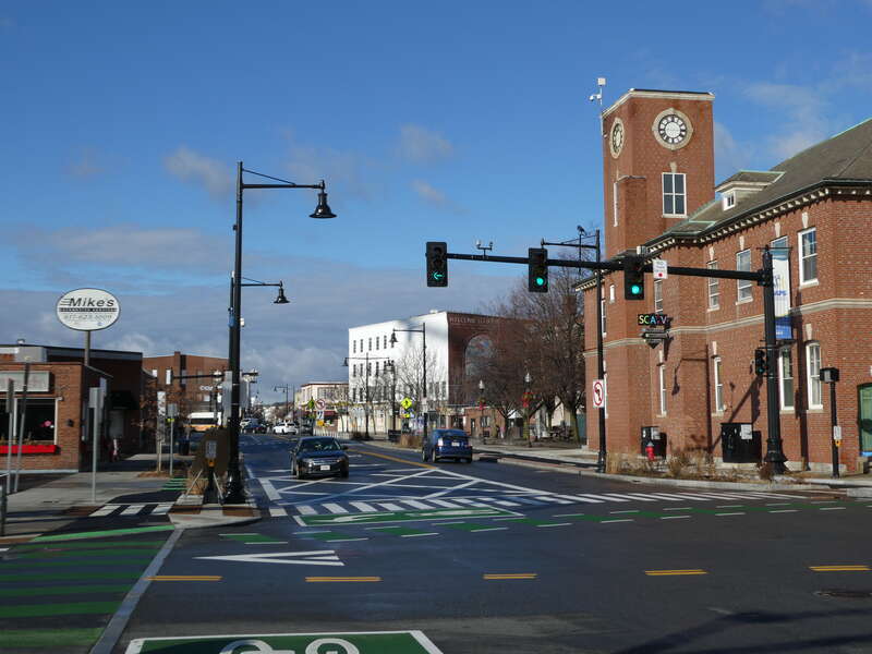 Union Square from Prospect Street, with Somerville Media Center at right, in December 2021