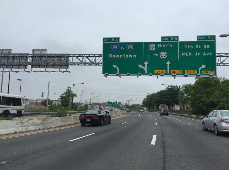 View north along Interstate 295 (Anacostia Freeway) just south of Exit 5A (Interstate 695 to Interstate 395, Downtown) in Washington, D.C.