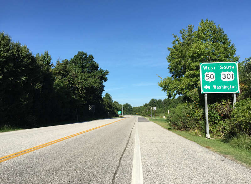 View west along Maryland State Route 908 (College Parkway) just west of Oceanic Drive in Skidmore, Anne Arundel County, Maryland