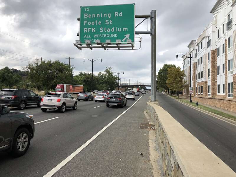 View south along District of Columbia Route 295 (Kenilworth Avenue Freeway) at the exit for Benning Road/Foote Street/Robert F. Kennedy Memorial Stadium in Washington, D.C.