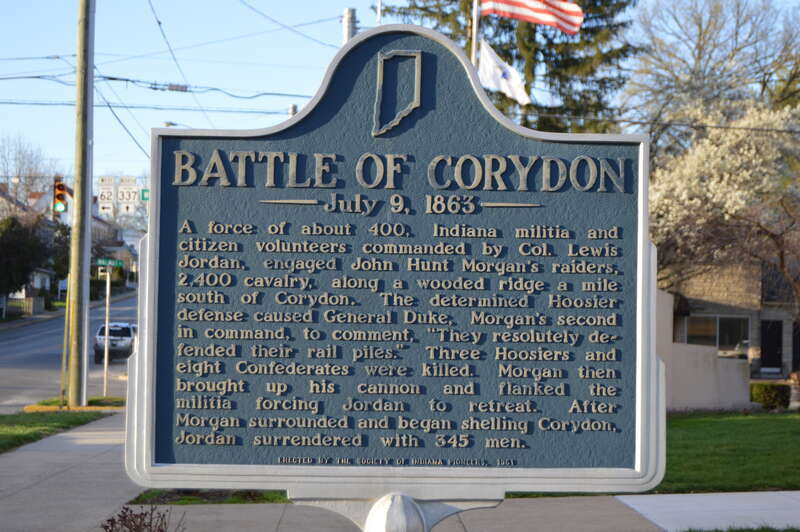 Historical marker on Capitol Avenue (State Roads 62 and 337) in front of the Harrison County Courthouse in downtown Corydon, Indiana, United States.