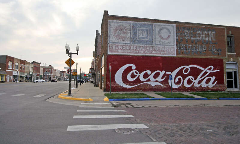 Downtown Council Grove, Kansas in July, 2006. Photograph by Janice Baer.  This block is part of the Council Grove Downtown Historic District, a historic district that is listed on the National Register of Historic Places.