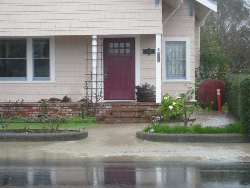 Older homes on Main Street Ferndale, California were built high for days like these.  Francis Creek washed down a large pile of sediment which ran over the banks in various places throughout town.