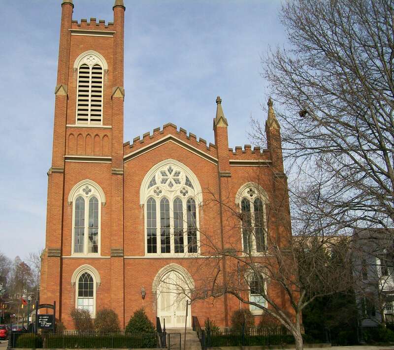 The First Unitarian Church of Marietta, Ohio. The southwestern face of the church is photographed and faces 3rd Street. The church is listed on the NRHP for Washington County. Taken March 10, 2010.