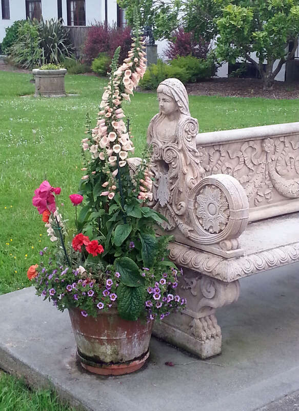 Flowerpot with foxgloves and casted resin bench in City Hall Park in Ferndale, California.