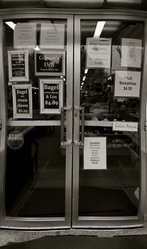 Attention Oberlin College students - footwear required!  Fisheye perspective, B&amp;amp;W image.