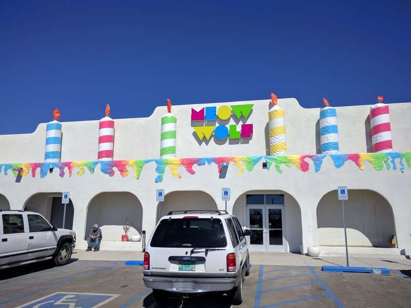 The exterior of Meow Wolf in Santa Fe, on the first anniversary of their permanent installation at the House of Eternal Return.