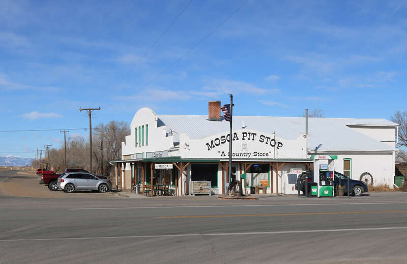 The community of Mosca, Colorado in Alamosa County. The community lies along Colorado State Highway 17.
