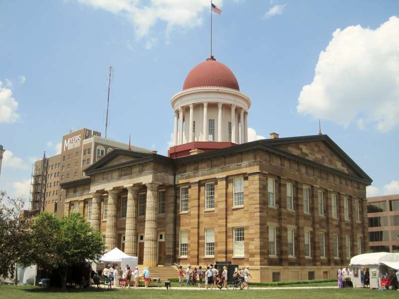The Illinois State Capitol in Springfield, a national landmark (1839). It was the fifth state capitol in Illinois, but the first in Springfield. It was built in response to public pressure to build a capitol in a new city; the previous capitol was in
