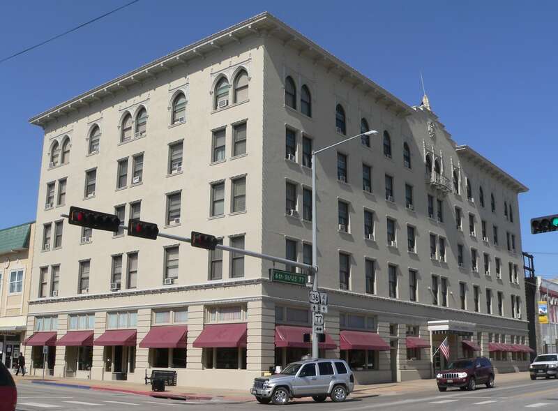 Paddock Hotel, located at 105 N. 6th Street in Beatrice, Nebraska; seen from the southeast, across corner of 6th and Court.