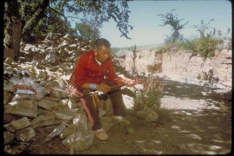 Carver in quarry
Stone pipes were long known among the prehistoric peoples of North America; specimens from 2,000 years ago have been found at Mound City in present-day Ohio. Digging at this Minnesota quarry likely began in the 17th century, a time