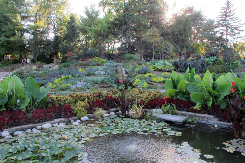 Photo of the Sunken Gardens; taken from within the garden, in Lincoln, Nebraska.  Photo taken at the northwest pool, looking south-southwest.  The cascades can somewhat be seen in the center-left portion of this photo.