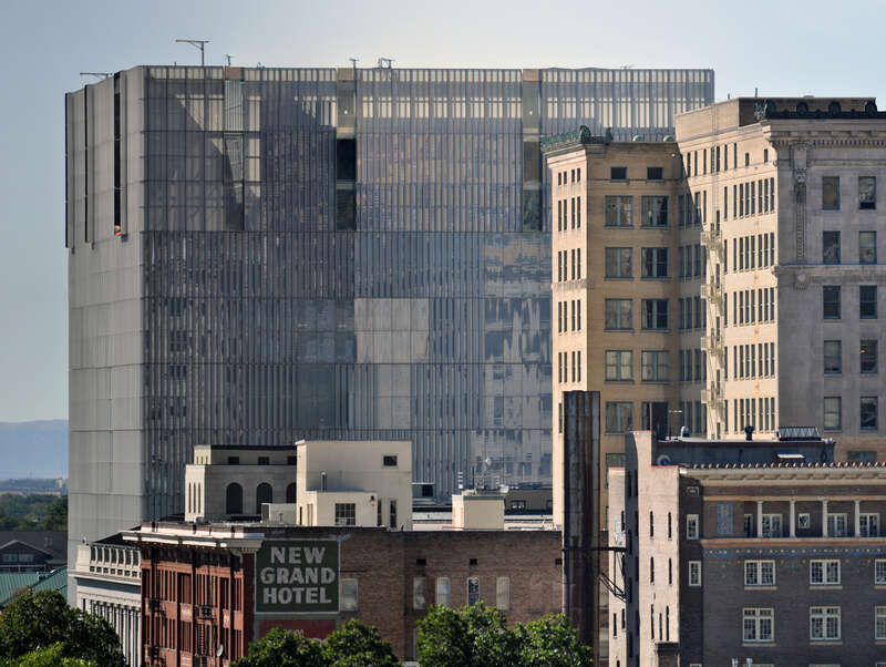 Composite of five separate photographs taken at maximum zoom using a Nikon D90 and Nikkor 70-300mm lens.  Camera positioned at Northwest corner on top of the Salt Lake City Library Downtown.