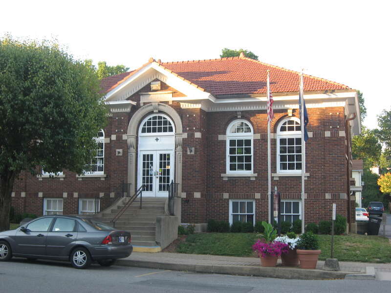 Front of the former Vevay Carnegie Library, located at 210 Ferry Street in Vevay, Indiana, United States.  Built in 1915, it is part of the locally designated Vevay Historic District.