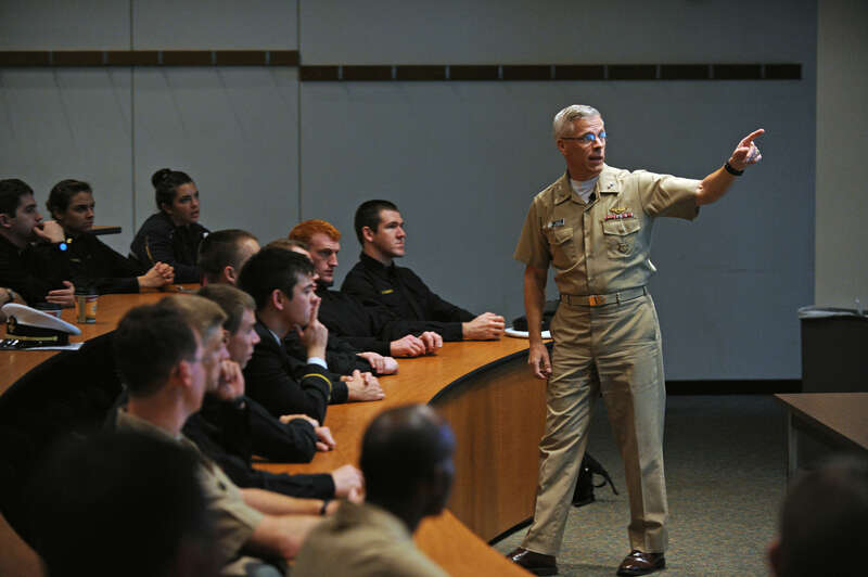 Rear Adm. Matthew Klunder, chief of naval research, provides insights into current and future Navy and Marine Corps technologies during a lecture held in Rickover Hall at the United States Naval Academy. The Department of the Navy’s Office of Naval