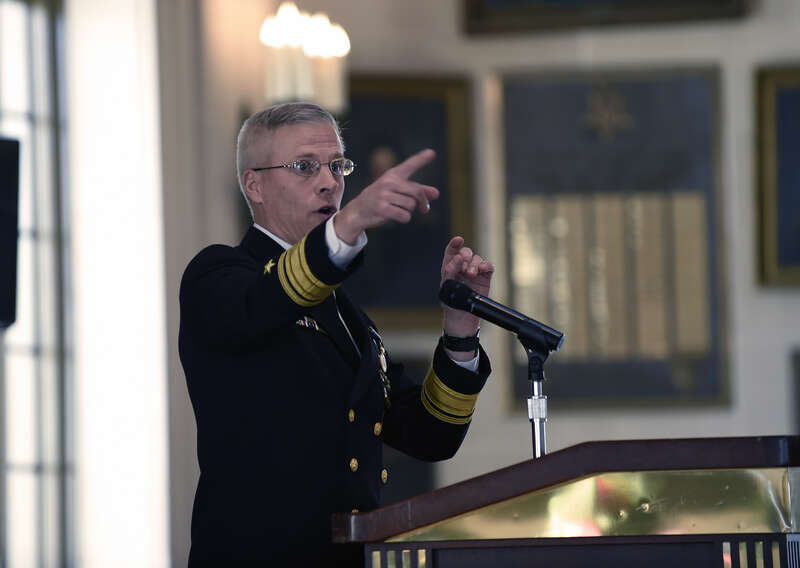 Rear Adm. Matthew Klunder offers remarks and recognizes guests during his retirement ceremony at the United States Naval Academy. Klunder was relieved as the Chief of Naval Research by Rear Adm. Mathias Winter during a change of command ceremony the