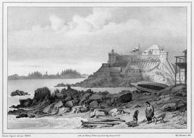 1827 illustration of Castle Hill (Old Sitka, Alaska) by Postels.
Source: Alaska Department of Natural Resources.

image URL: http://www.dnr.state.ak.us/parks/oha/pics/1827picb.jpg