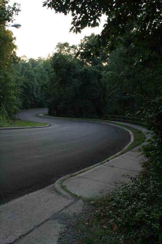Elizabeth St winding downhill in Chapel Hill, North Carolina at dusk.