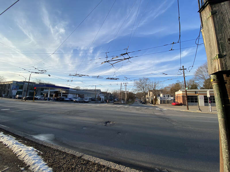 Complex trolleybus interchange at Mount Auburn St and Aberdeen Ave. in Cambridge. Massachusetts. The arrangement of overhead wires and switches (points) allowed trolley buses on the 72 line to either make a U-turn back up Aberdeen or merge with the
