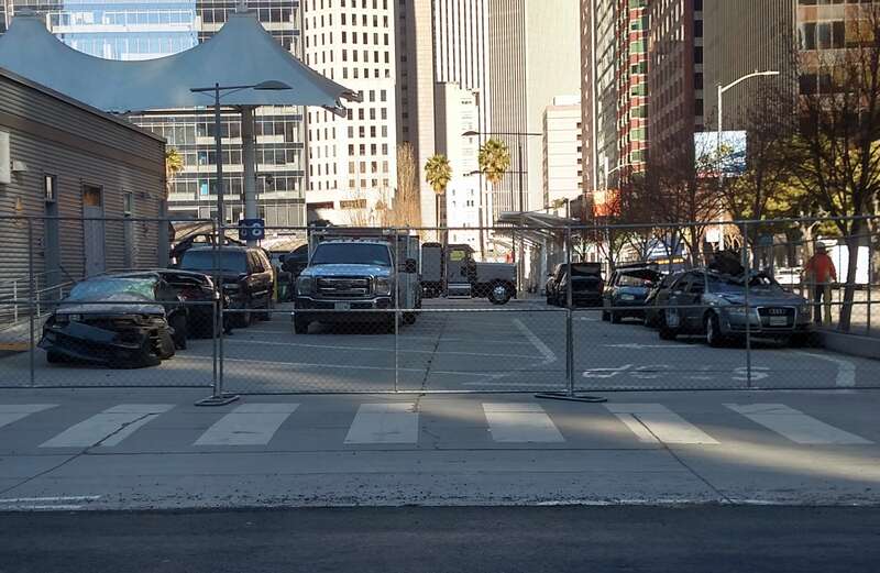 Damaged vehicles from shooting of The Matrix 4 stored in the Temporary Transbay Terminal in February 2020