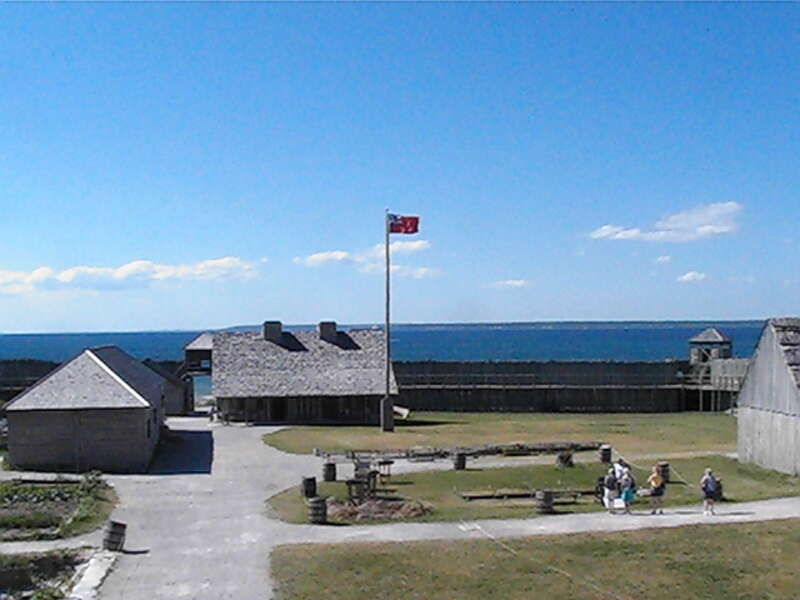 Fort Michilimackinac, in Mackinac City, Michigan, United States, with Lake Michigan in the background.