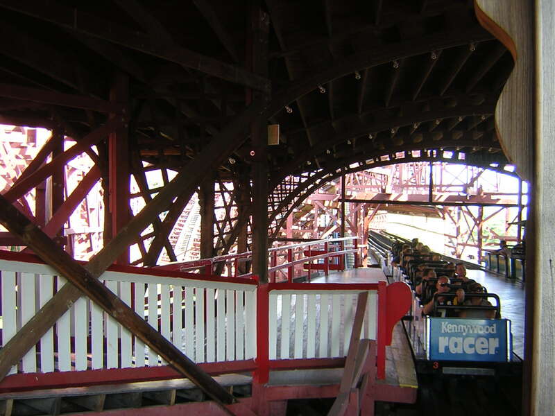 A scene from Kennywood, an amusement park located in West Mifflin, Pennsylvania on the Monongahela River.
This is a view of the Racer, a wooden roller coaster. It is a racing,  moebius loop coaster; one of only three in the world. The current Racer