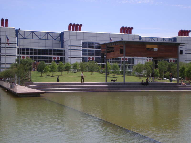 Kinder Lake at Discovery Green in Houston, Texas. The George R. Brown Convention Center can be seen in the background.