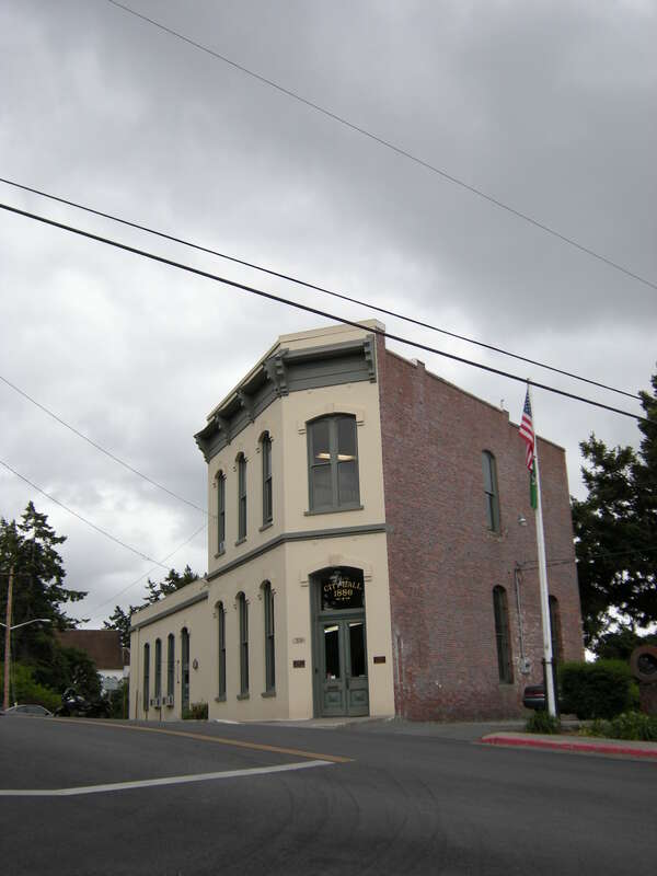 City Hall, La Conner, Washington. Former U.S. Coast Guard Building. The building, built in 1886, was originally Skagit County Bank.