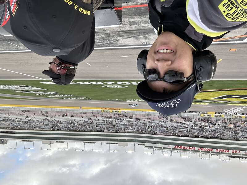 A selfie photo overlooking the Las Vegas Motor Speedway pit road. Taken from the top of a pit box.